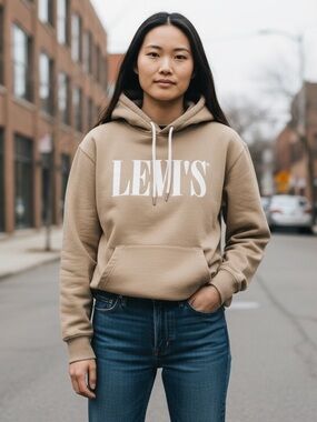 Levi's unisex Tan Pullover Hoodie with White Logo - Medium